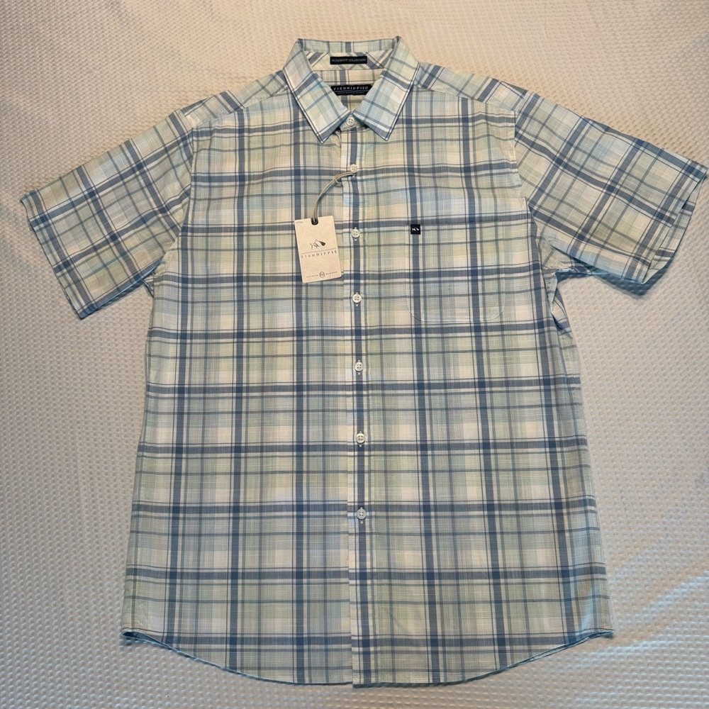 Fish Hippie Co Men's Blue and White Plaid Casual Shirt